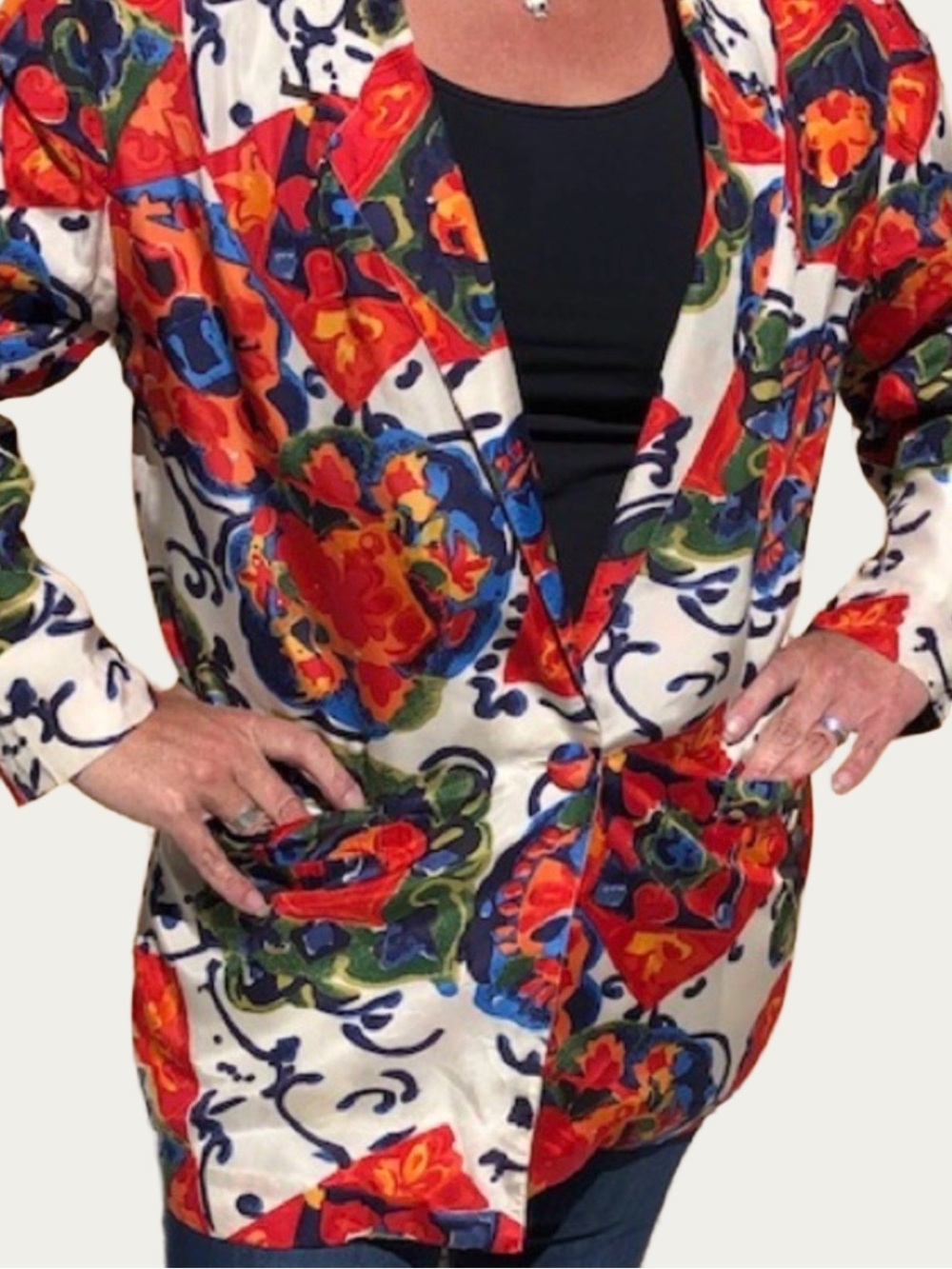 Carol Horn Workshop VTG Floral Oversized Silk Blazer w/ Shoulder Pads Boxy Lrg